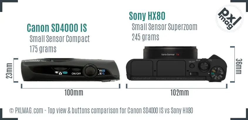 Canon SD4000 IS vs Sony HX80 top view buttons comparison