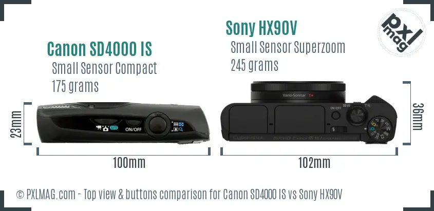 Canon SD4000 IS vs Sony HX90V top view buttons comparison