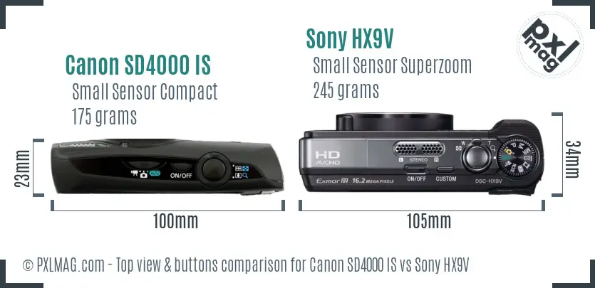 Canon SD4000 IS vs Sony HX9V top view buttons comparison
