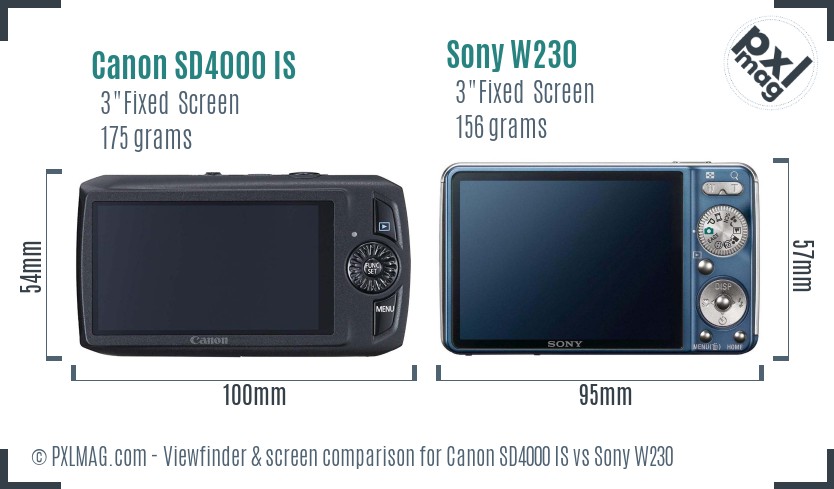 Canon SD4000 IS vs Sony W230 Screen and Viewfinder comparison