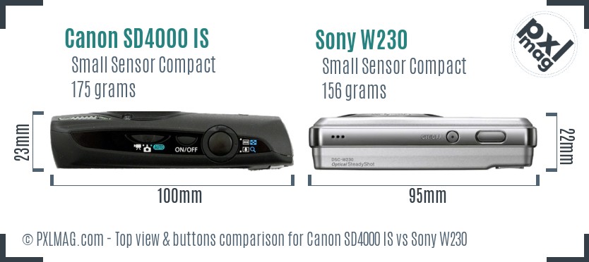 Canon SD4000 IS vs Sony W230 top view buttons comparison