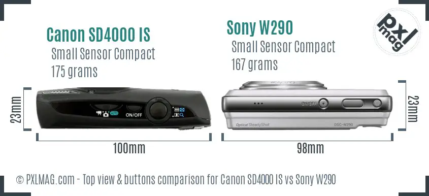 Canon SD4000 IS vs Sony W290 top view buttons comparison