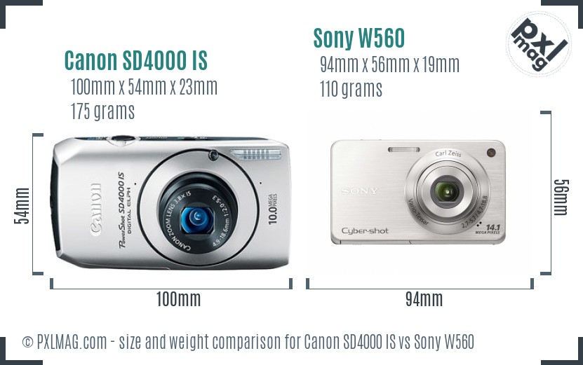 Canon SD4000 IS vs Sony W560 size comparison