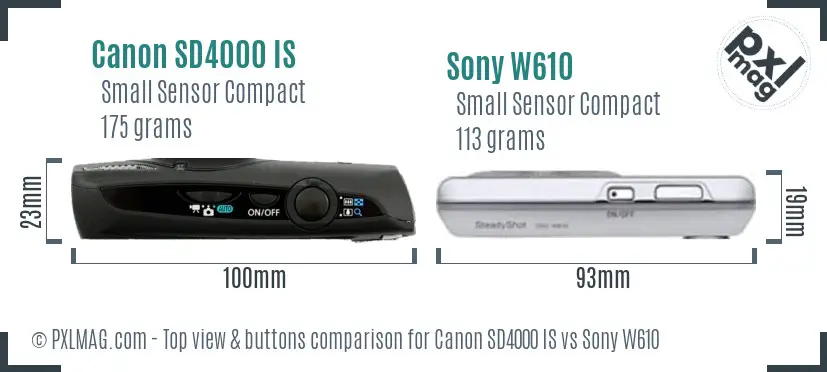 Canon SD4000 IS vs Sony W610 top view buttons comparison