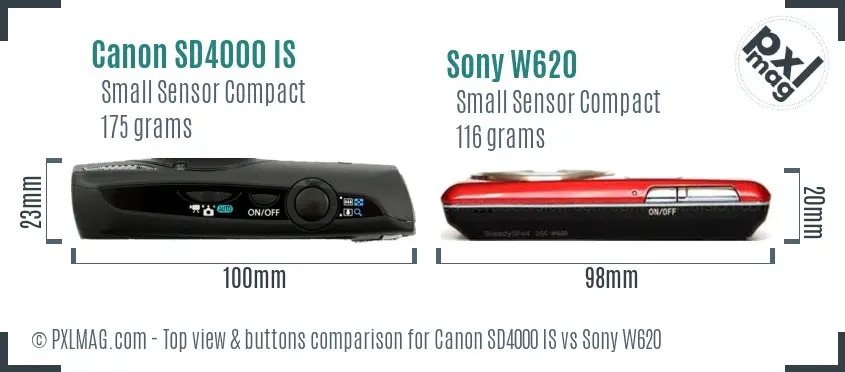 Canon SD4000 IS vs Sony W620 top view buttons comparison