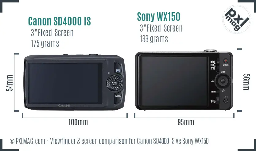 Canon SD4000 IS vs Sony WX150 Screen and Viewfinder comparison