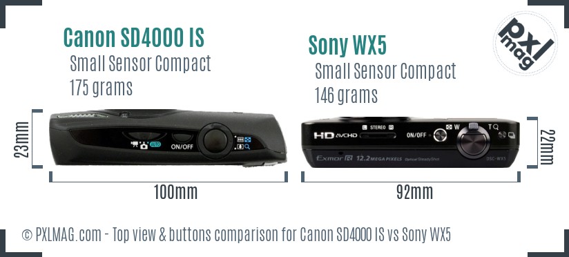 Canon SD4000 IS vs Sony WX5 top view buttons comparison