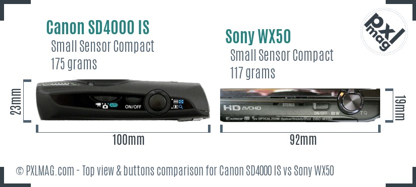 Canon SD4000 IS vs Sony WX50 top view buttons comparison