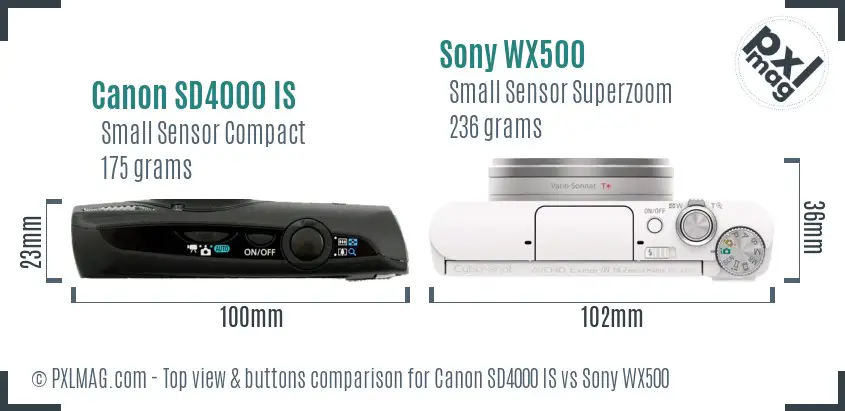 Canon SD4000 IS vs Sony WX500 top view buttons comparison