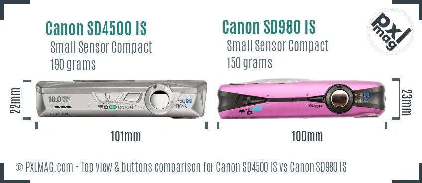 Canon SD4500 IS vs Canon SD980 IS top view buttons comparison