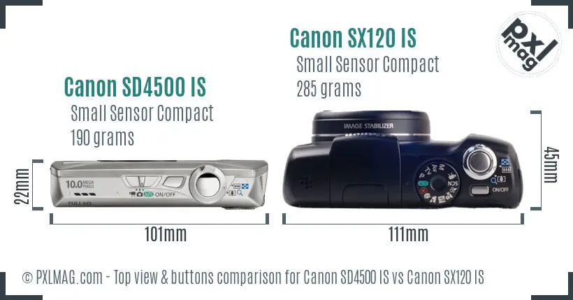 Canon SD4500 IS vs Canon SX120 IS top view buttons comparison