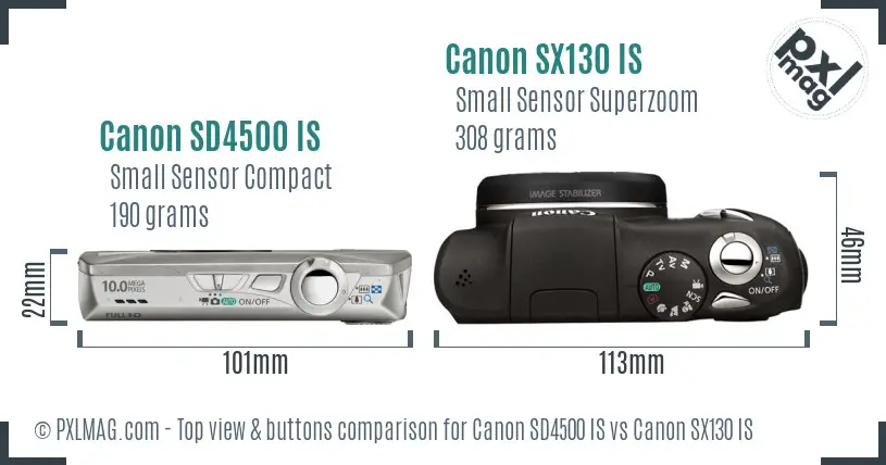 Canon SD4500 IS vs Canon SX130 IS top view buttons comparison