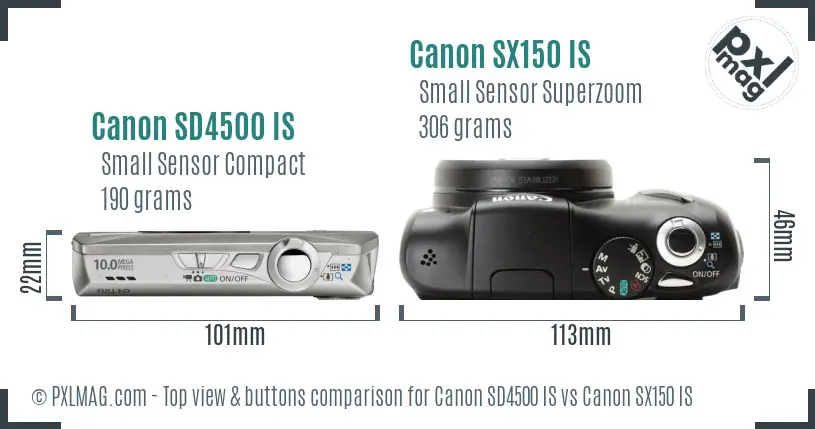 Canon SD4500 IS vs Canon SX150 IS top view buttons comparison