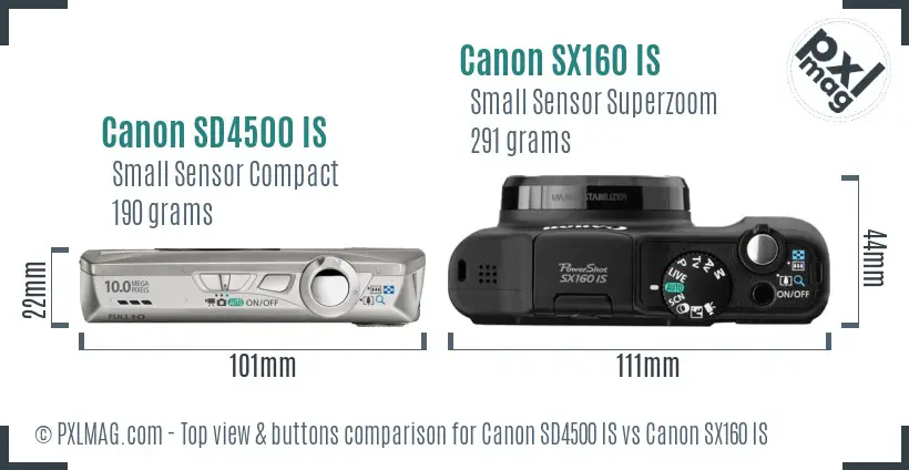 Canon SD4500 IS vs Canon SX160 IS top view buttons comparison
