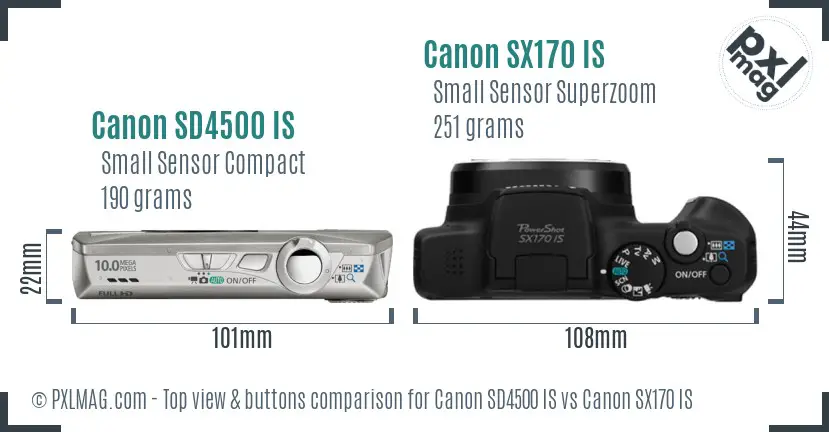 Canon SD4500 IS vs Canon SX170 IS top view buttons comparison