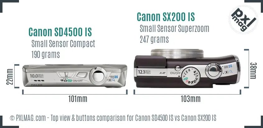 Canon SD4500 IS vs Canon SX200 IS top view buttons comparison