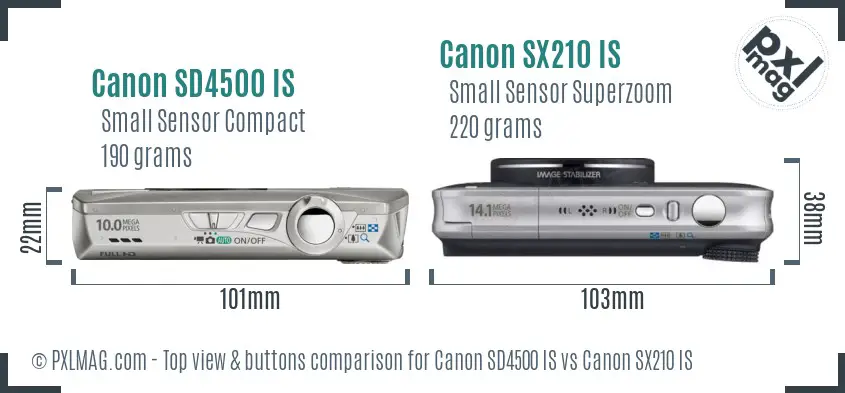 Canon SD4500 IS vs Canon SX210 IS top view buttons comparison