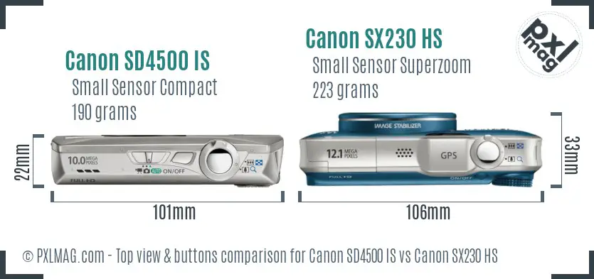 Canon SD4500 IS vs Canon SX230 HS top view buttons comparison