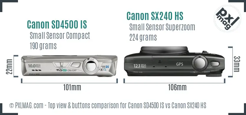 Canon SD4500 IS vs Canon SX240 HS top view buttons comparison