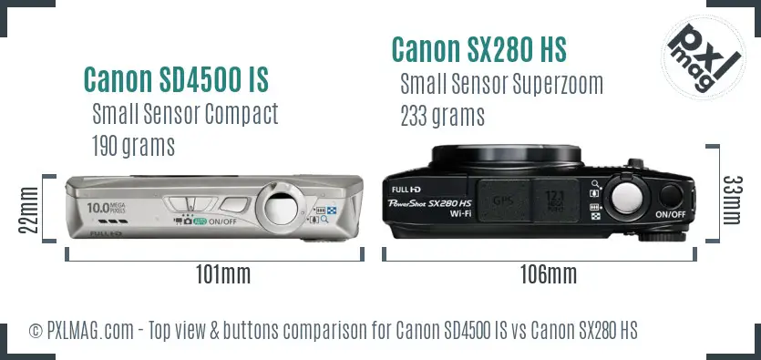 Canon SD4500 IS vs Canon SX280 HS top view buttons comparison