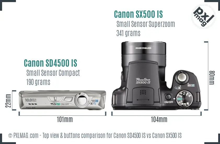 Canon SD4500 IS vs Canon SX500 IS top view buttons comparison