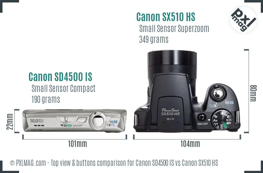 Canon SD4500 IS vs Canon SX510 HS top view buttons comparison