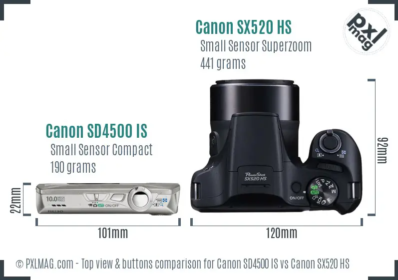 Canon SD4500 IS vs Canon SX520 HS top view buttons comparison