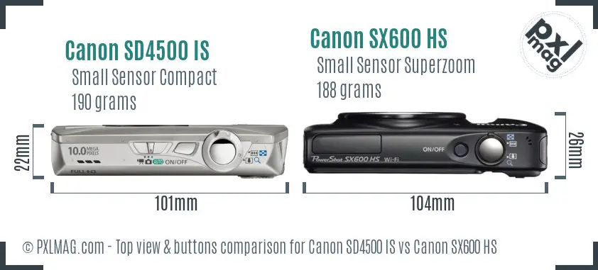 Canon SD4500 IS vs Canon SX600 HS top view buttons comparison