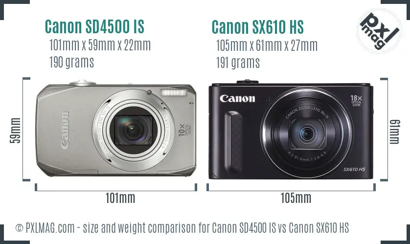 Canon SD4500 IS vs Canon SX610 HS size comparison