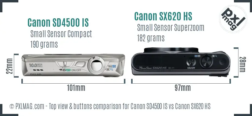 Canon SD4500 IS vs Canon SX620 HS top view buttons comparison
