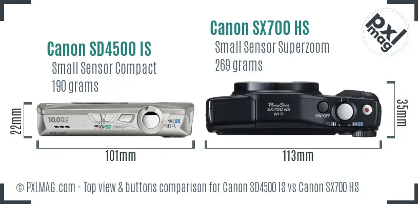Canon SD4500 IS vs Canon SX700 HS top view buttons comparison