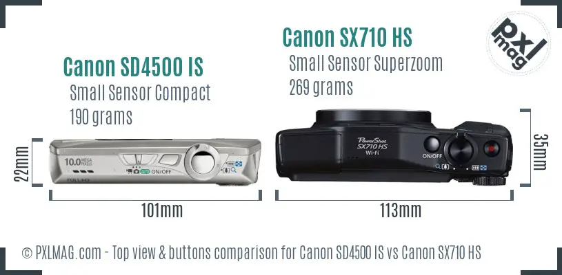 Canon SD4500 IS vs Canon SX710 HS top view buttons comparison