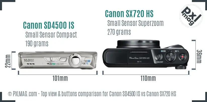 Canon SD4500 IS vs Canon SX720 HS top view buttons comparison