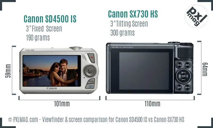 Canon SD4500 IS vs Canon SX730 HS Screen and Viewfinder comparison