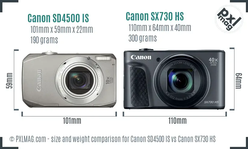 Canon SD4500 IS vs Canon SX730 HS size comparison
