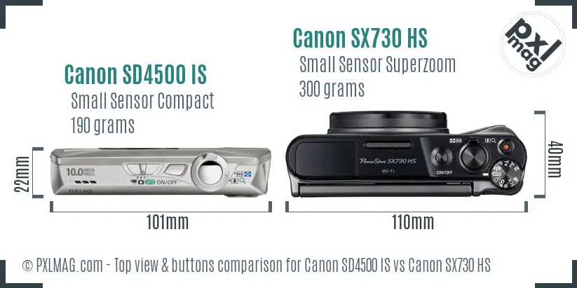 Canon SD4500 IS vs Canon SX730 HS top view buttons comparison