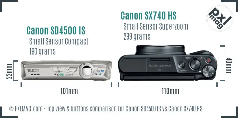 Canon SD4500 IS vs Canon SX740 HS top view buttons comparison