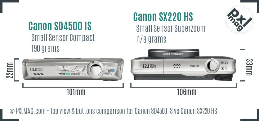 Canon SD4500 IS vs Canon SX220 HS top view buttons comparison