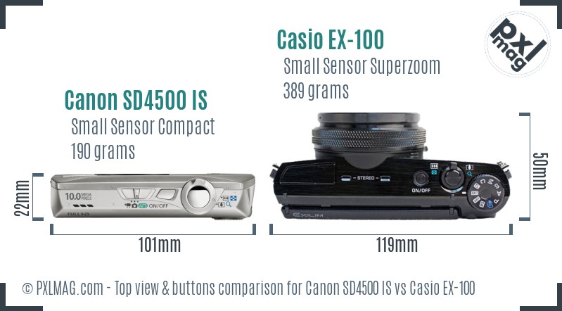 Canon SD4500 IS vs Casio EX-100 top view buttons comparison