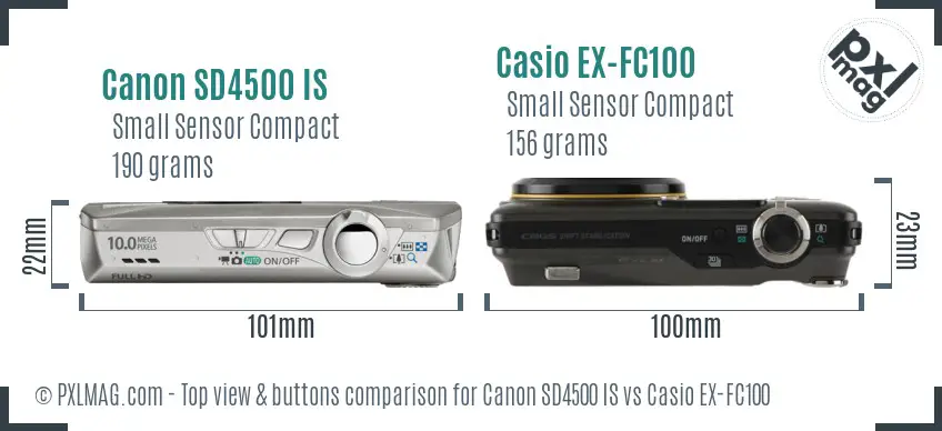 Canon SD4500 IS vs Casio EX-FC100 top view buttons comparison