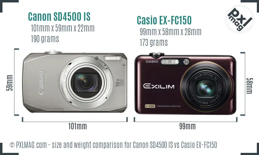 Canon SD4500 IS vs Casio EX-FC150 size comparison