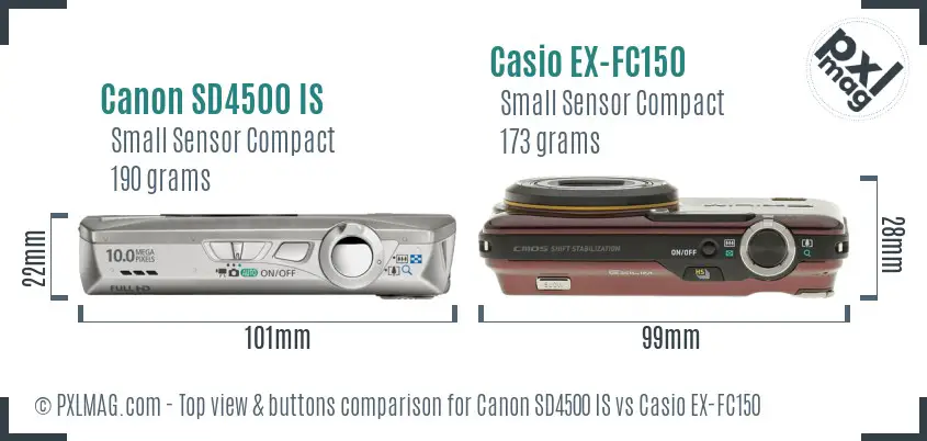 Canon SD4500 IS vs Casio EX-FC150 top view buttons comparison