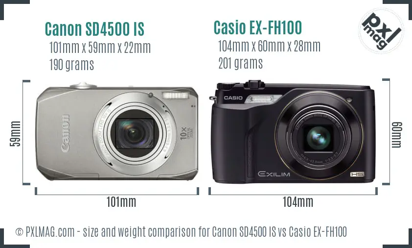 Canon SD4500 IS vs Casio EX-FH100 size comparison