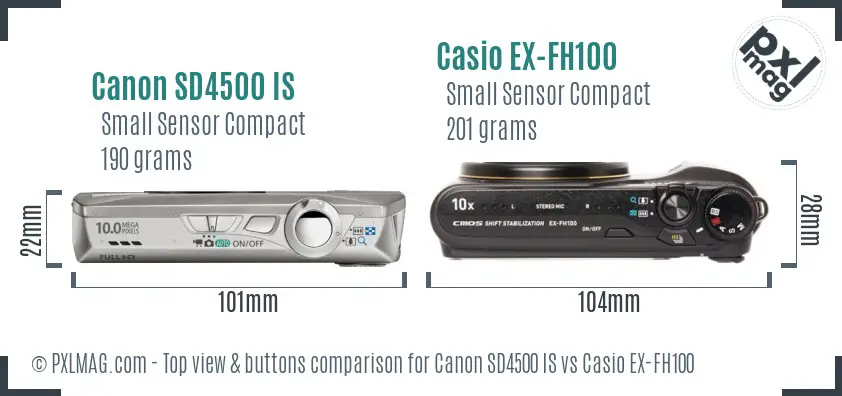 Canon SD4500 IS vs Casio EX-FH100 top view buttons comparison