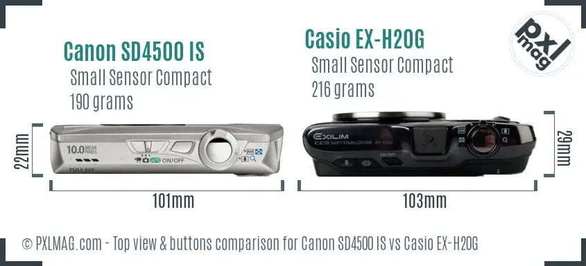 Canon SD4500 IS vs Casio EX-H20G top view buttons comparison Canon SD4500 IS vs Casio EX-H20G top view buttons comparison