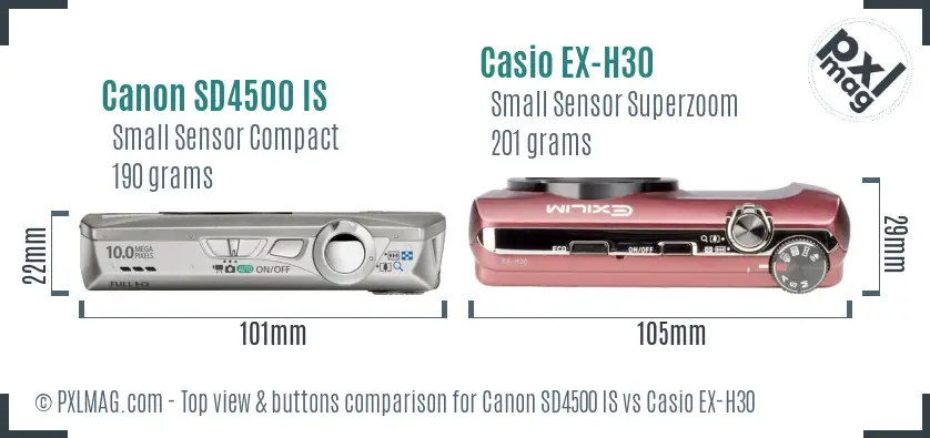 Canon SD4500 IS vs Casio EX-H30 top view buttons comparison Canon SD4500 IS vs Casio EX-H30 top view buttons comparison