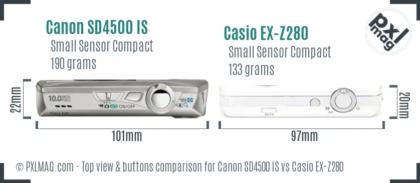 Canon SD4500 IS vs Casio EX-Z280 top view buttons comparison Canon SD4500 IS vs Casio EX-Z280 top view buttons comparison