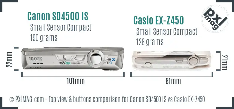 Canon SD4500 IS vs Casio EX-Z450 top view buttons comparison