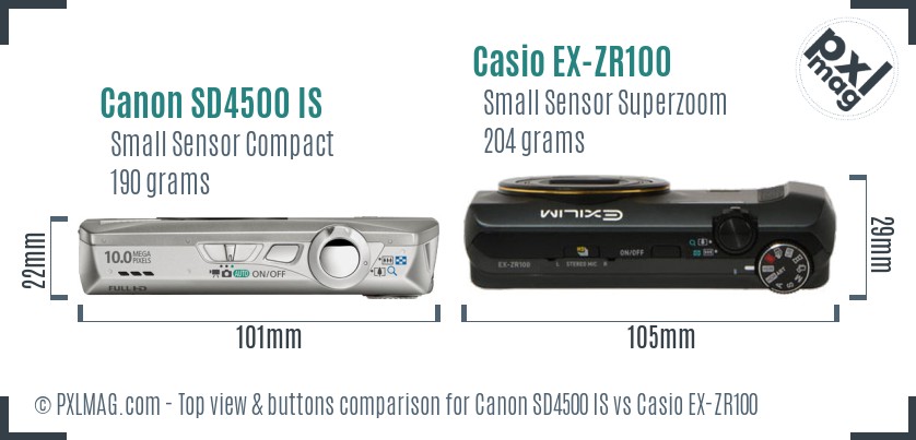 Canon SD4500 IS vs Casio EX-ZR100 top view buttons comparison