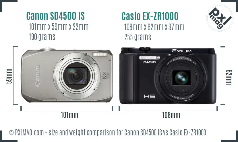 Canon SD4500 IS vs Casio EX-ZR1000 size comparison